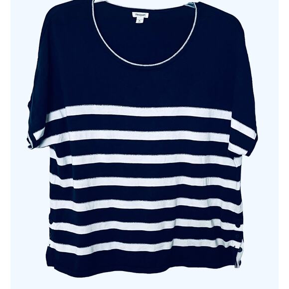 WESTPORT SHOT DOLMAN SLV ROUND NECK TOP, WOMENS, XL, NAVY BLUE & WHITE STRIPES - Picture 1 of 11